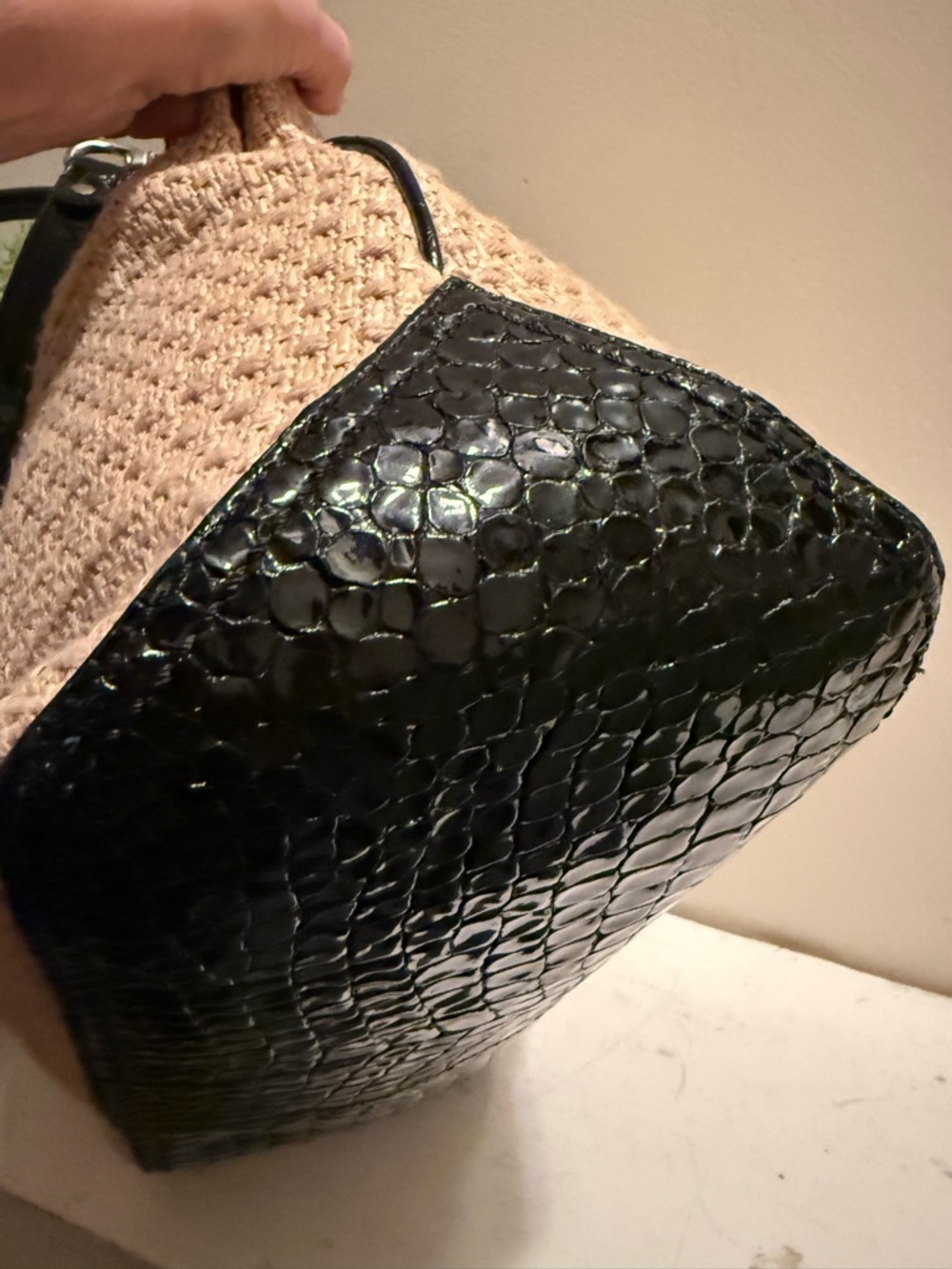 Cole Haan Beige Woven Tote with Black Faux-Croc Trim EUC - Picture 6 of 10